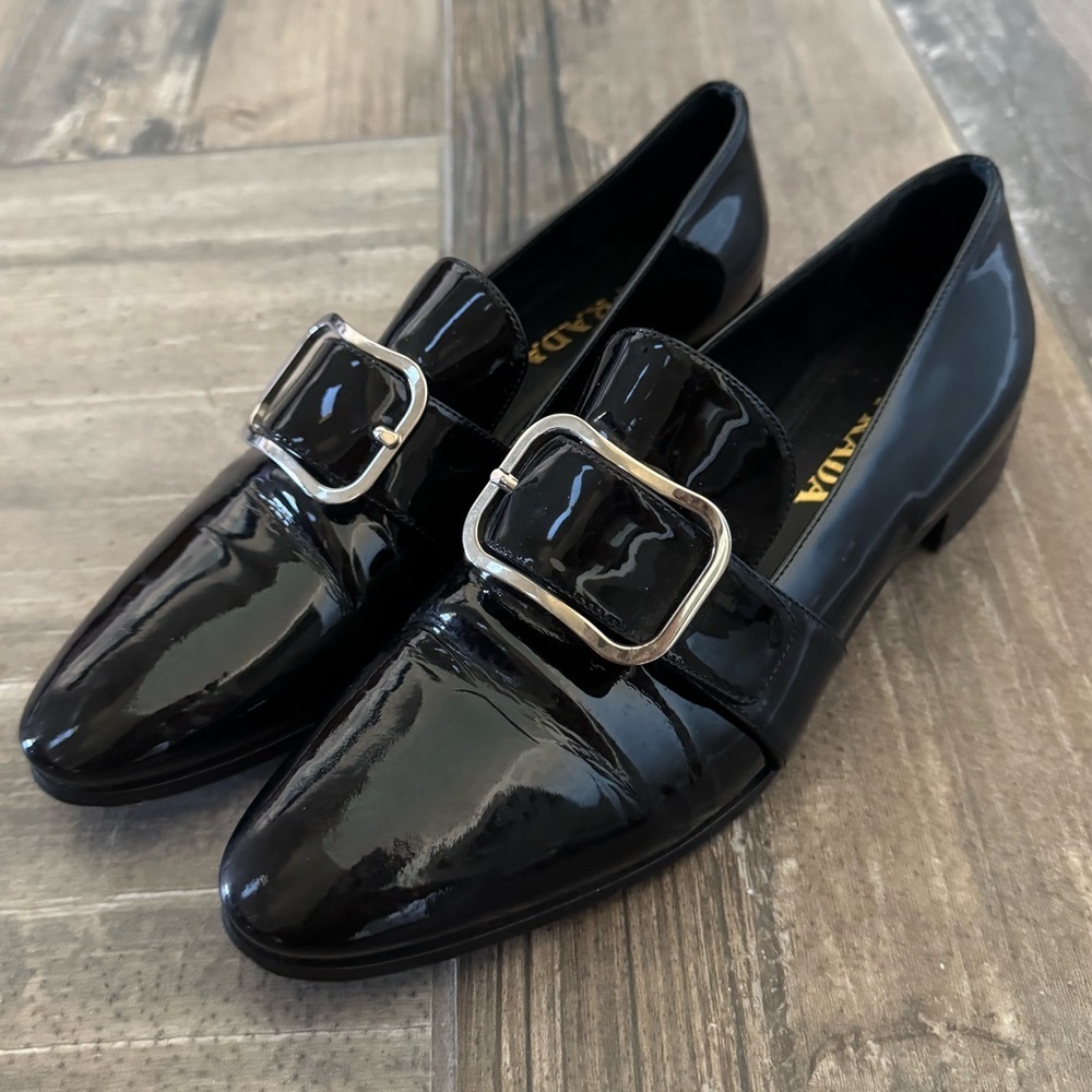 Prada patent leather buckle loafers size 38.5
